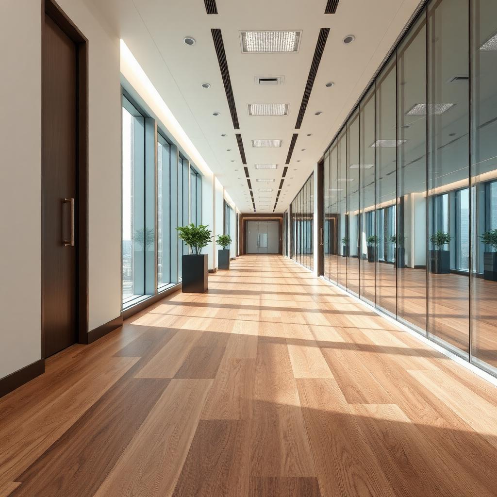 Sol PVC LVT imitation bois en couloir de bureau