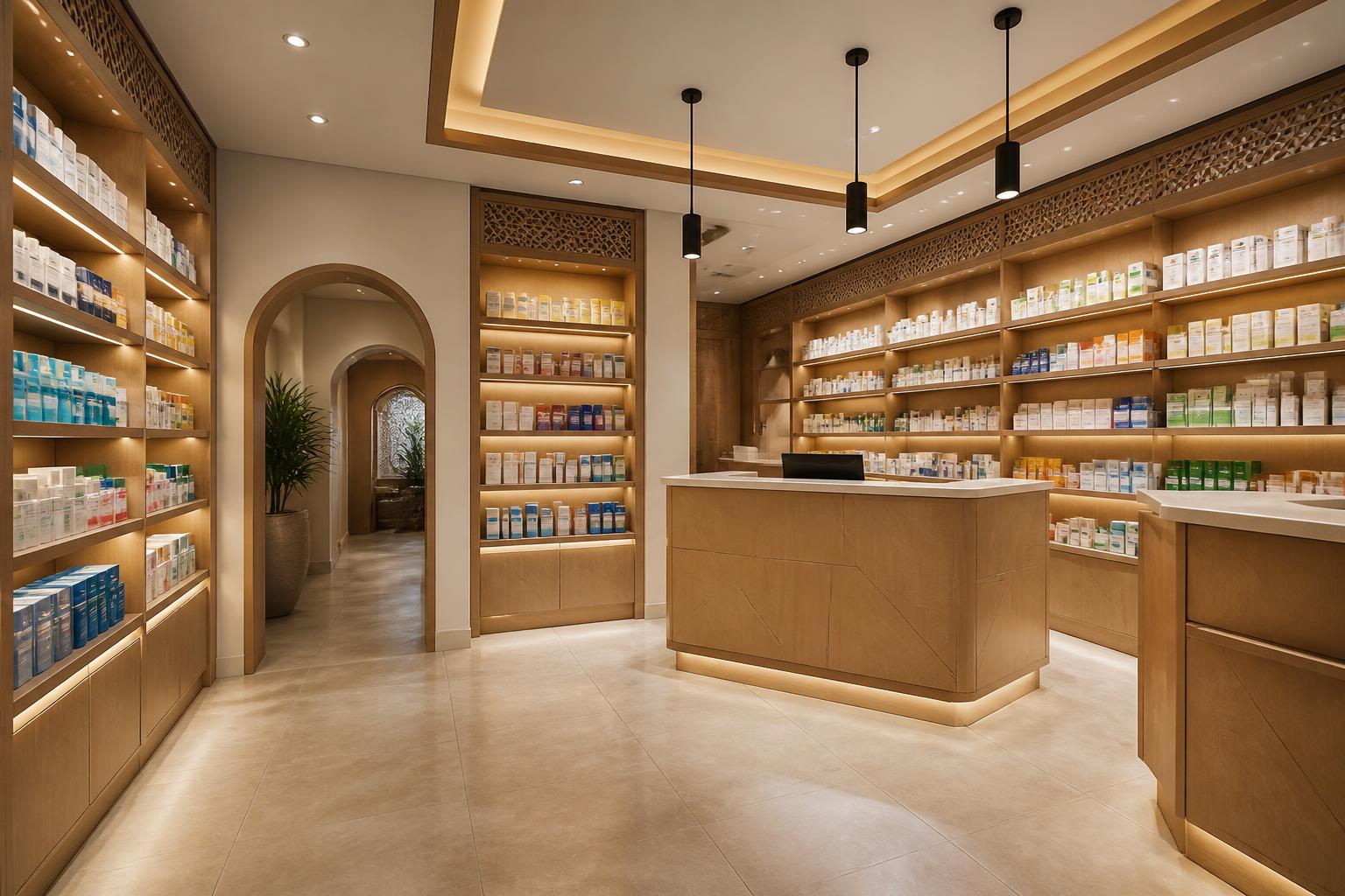Pharmacie moderne avec comptoirs et présentoirs en bois